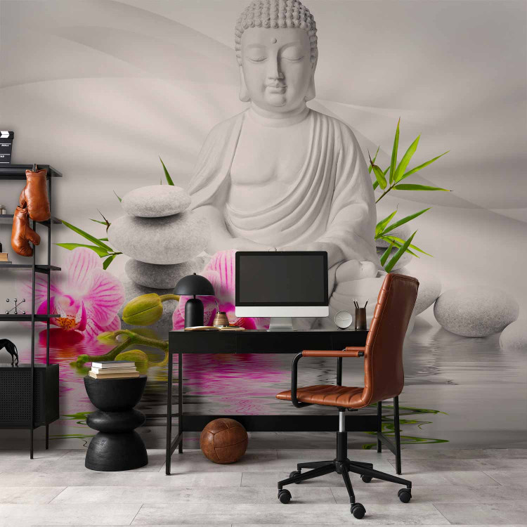 Wall Mural Buddhism - Meditating Buddha on a water surface with orchids on a white background 61426 additionalImage 4
