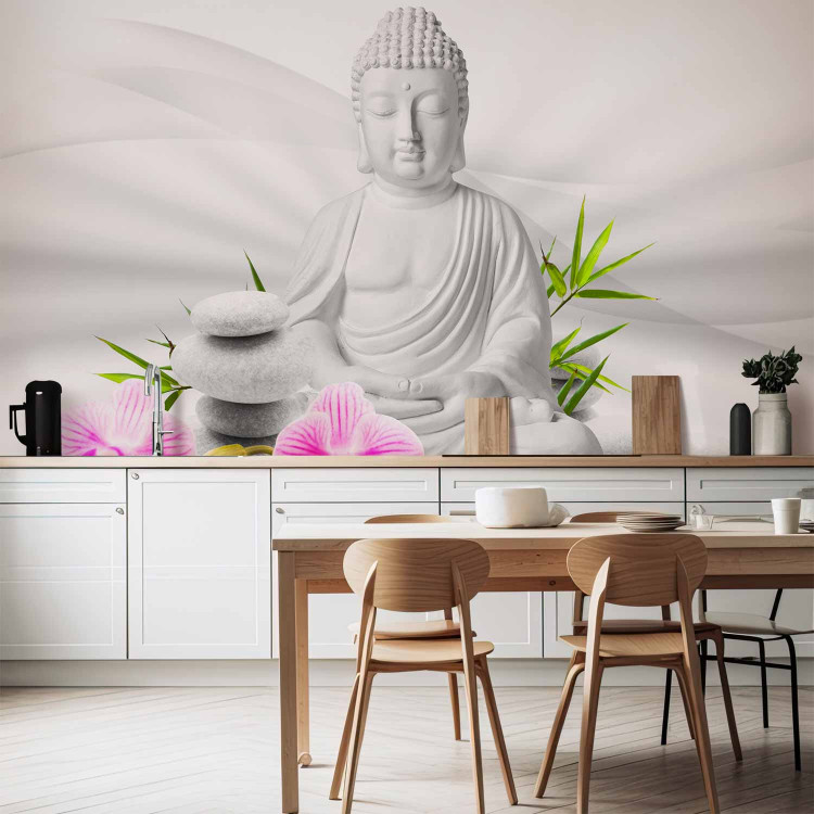 Wall Mural Buddhism - Meditating Buddha on a water surface with orchids on a white background 61426 additionalImage 6