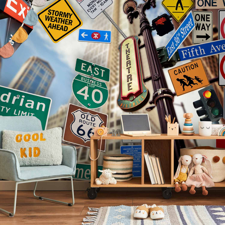 Wall Mural New York USA - composition of road signs on an architectural background 96826