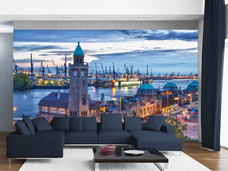 Wall Mural Urban architecture of Hamburg - St. Pauli Landing Stages with shipyard 97226