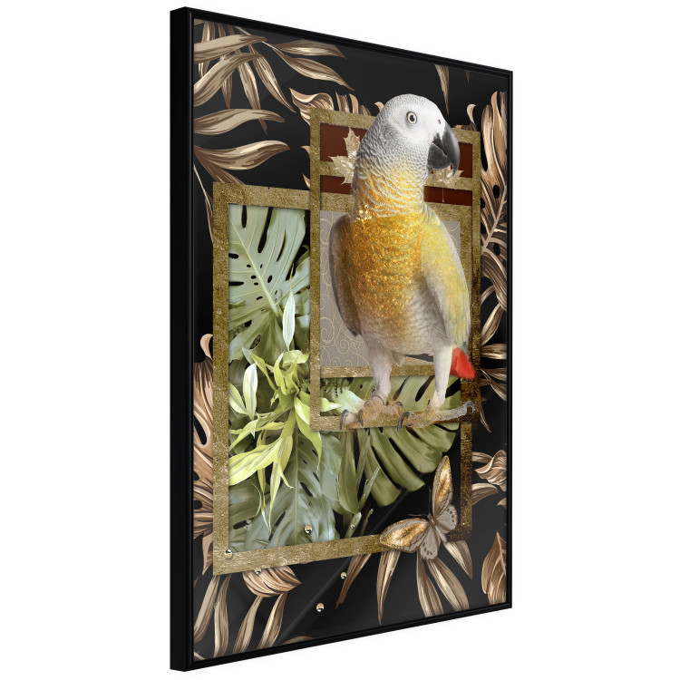 Poster Golden Parrot - butterfly and parrot on a branch against a background of tropical leaves 116436 additionalImage 10