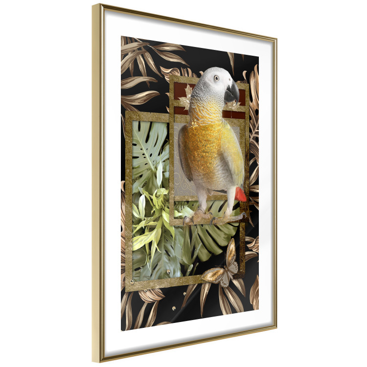Poster Golden Parrot - butterfly and parrot on a branch against a background of tropical leaves 116436 additionalImage 6