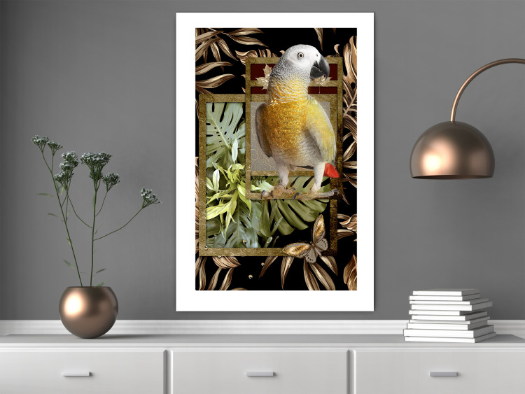 Poster Golden Parrot - butterfly and parrot on a branch against a background of tropical leaves 116436 additionalImage 2