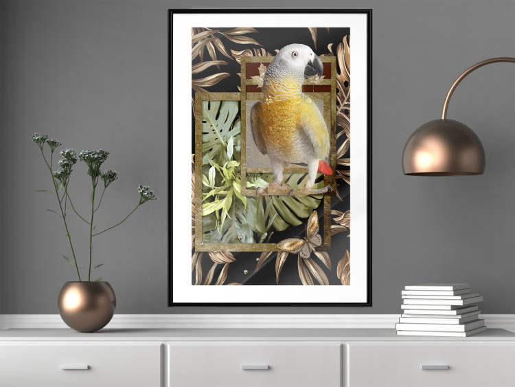 Poster Golden Parrot - butterfly and parrot on a branch against a background of tropical leaves 116436 additionalImage 4