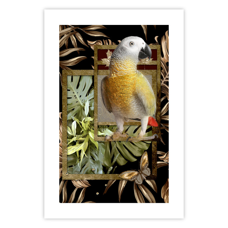 Poster Golden Parrot - butterfly and parrot on a branch against a background of tropical leaves 116436 additionalImage 14
