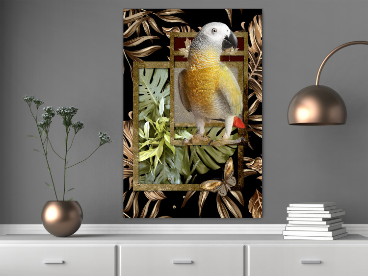 Poster Golden Parrot - butterfly and parrot on a branch against a background of tropical leaves 116436 additionalImage 19