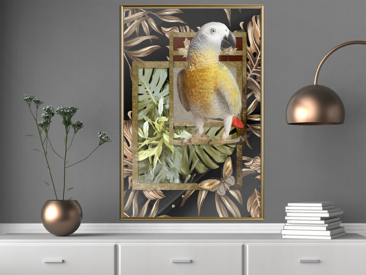 Poster Golden Parrot - butterfly and parrot on a branch against a background of tropical leaves 116436 additionalImage 5