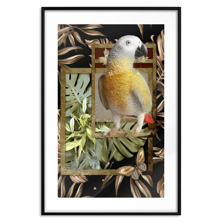 Poster Golden Parrot - butterfly and parrot on a branch against a background of tropical leaves 116436 additionalImage 17