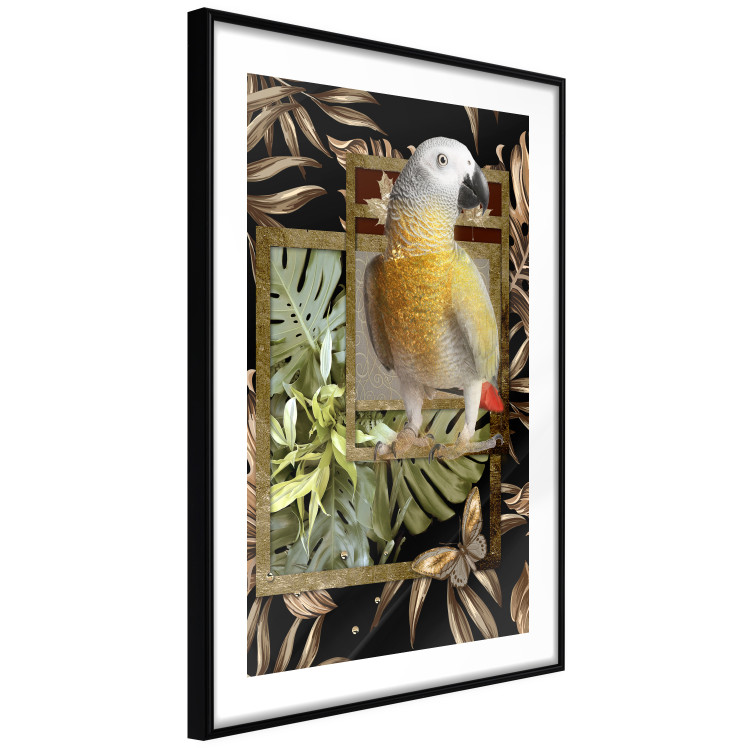 Poster Golden Parrot - butterfly and parrot on a branch against a background of tropical leaves 116436 additionalImage 11