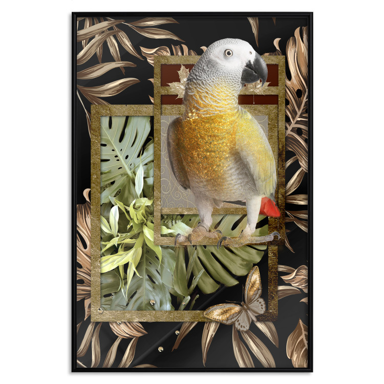 Poster Golden Parrot - butterfly and parrot on a branch against a background of tropical leaves 116436 additionalImage 15