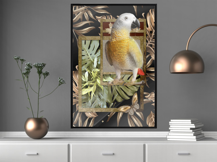 Poster Golden Parrot - butterfly and parrot on a branch against a background of tropical leaves 116436 additionalImage 3