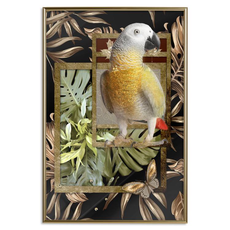 Poster Golden Parrot - butterfly and parrot on a branch against a background of tropical leaves 116436 additionalImage 16