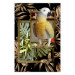 Poster Golden Parrot - butterfly and parrot on a branch against a background of tropical leaves 116436