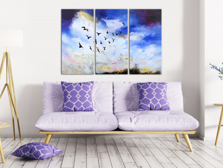 Canvas Print Bird flight - triptych with a sky landscape, birds and rays of the sun 123436 additionalImage 3