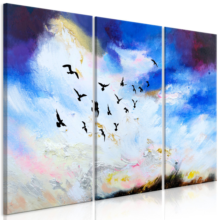 Canvas Print Bird flight - triptych with a sky landscape, birds and rays of the sun 123436 additionalImage 2