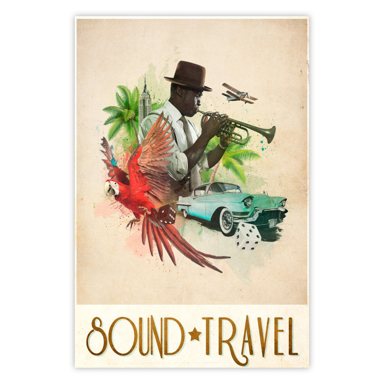 Wall Poster Sound Travel - animals and musician in tropical setting with captions 123636