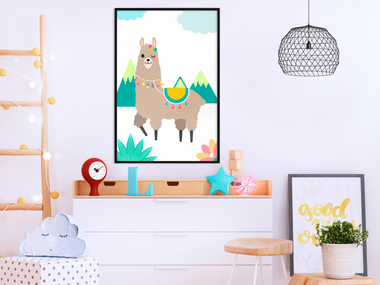 Poster Unusual Llama - colorful funny animal against green mountains and clouds backdrop 123736 additionalImage 6