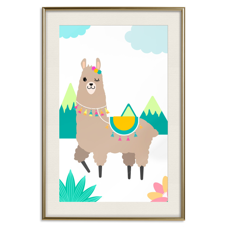 Poster Unusual Llama - colorful funny animal against green mountains and clouds backdrop 123736 additionalImage 19