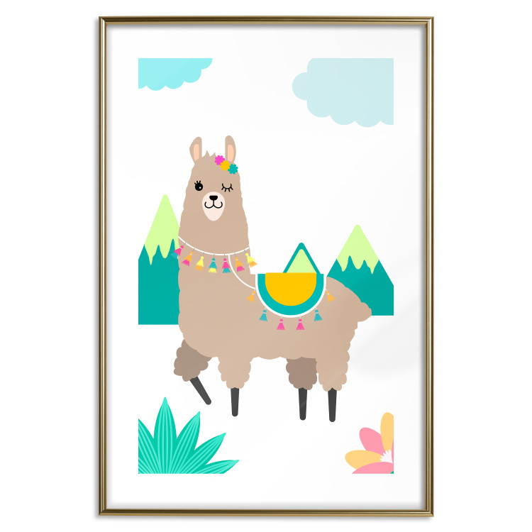 Poster Unusual Llama - colorful funny animal against green mountains and clouds backdrop 123736 additionalImage 13
