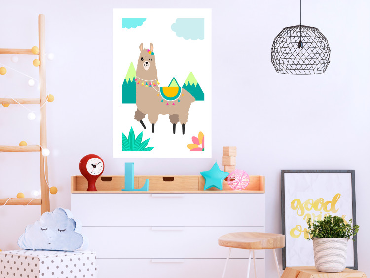 Poster Unusual Llama - colorful funny animal against green mountains and clouds backdrop 123736 additionalImage 4