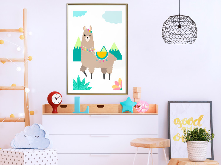 Poster Unusual Llama - colorful funny animal against green mountains and clouds backdrop 123736 additionalImage 22