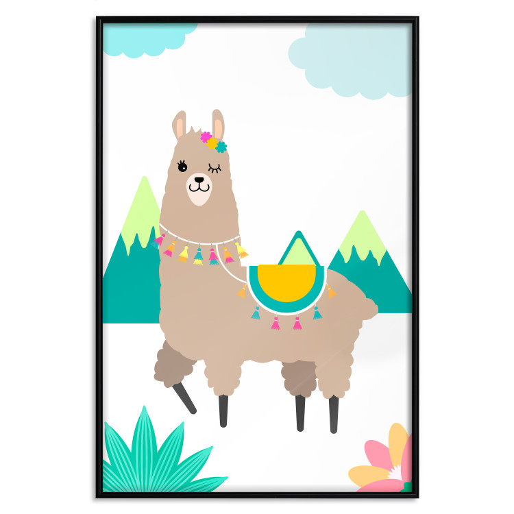 Poster Unusual Llama - colorful funny animal against green mountains and clouds backdrop 123736 additionalImage 16