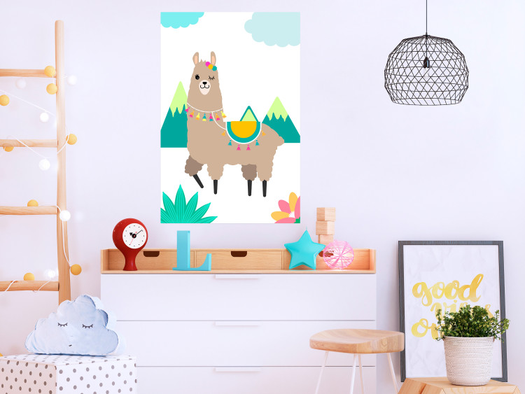 Poster Unusual Llama - colorful funny animal against green mountains and clouds backdrop 123736 additionalImage 20