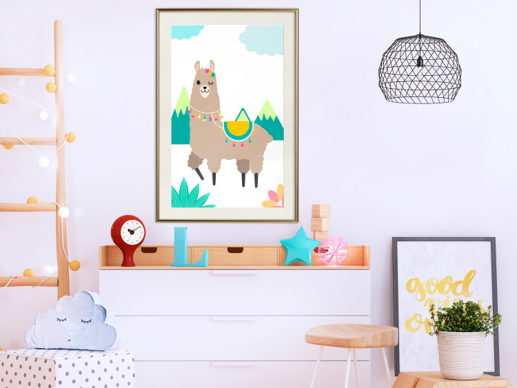 Poster Unusual Llama - colorful funny animal against green mountains and clouds backdrop 123736 additionalImage 23
