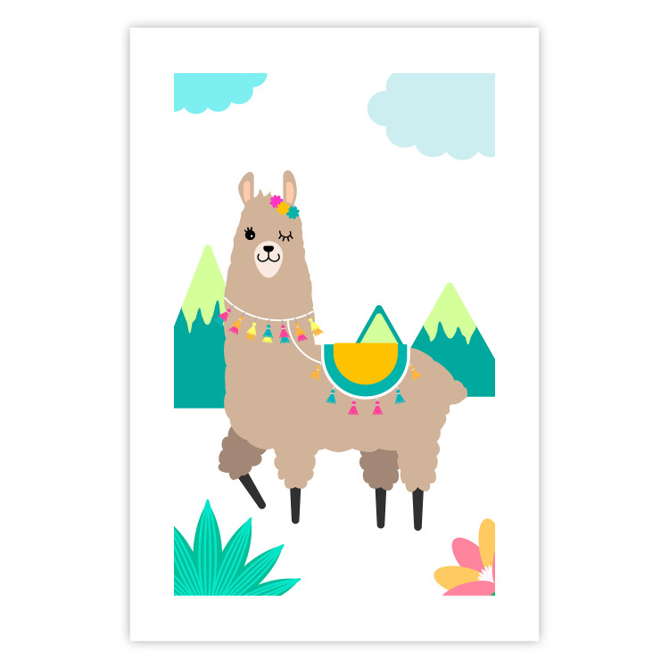 Poster Unusual Llama - colorful funny animal against green mountains and clouds backdrop 123736 additionalImage 24