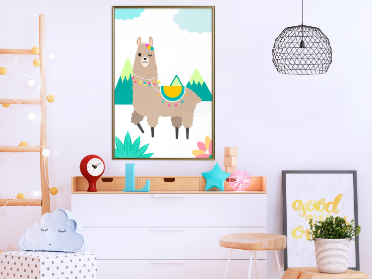 Poster Unusual Llama - colorful funny animal against green mountains and clouds backdrop 123736 additionalImage 3