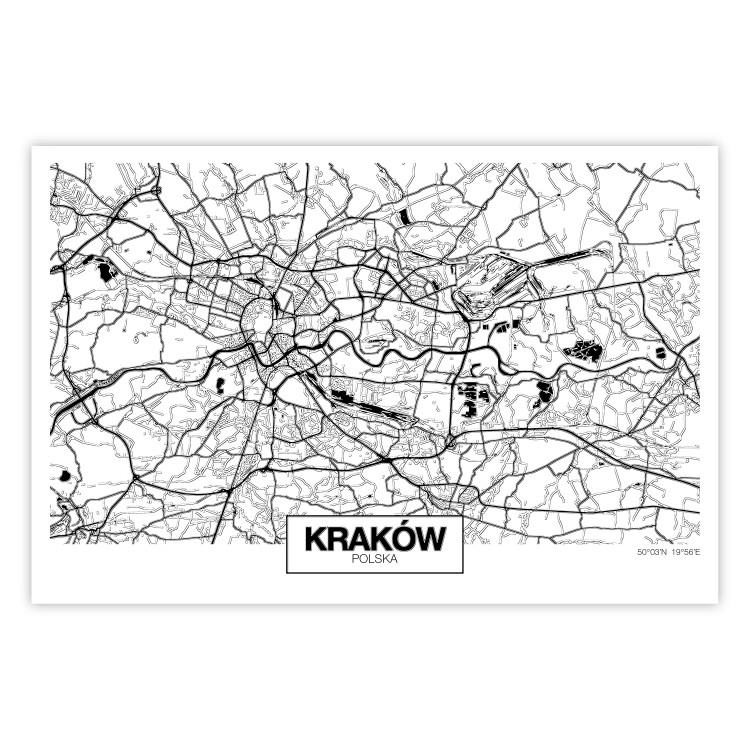 Wall Poster City Map: Kraków - black and white map of Kraków with city name 123836