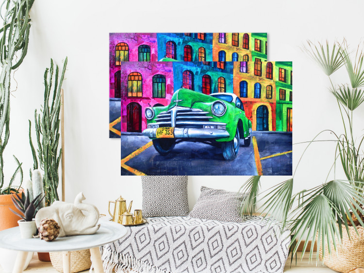 Poster American Classic - green car against a background of colorful architecture 126536 additionalImage 2