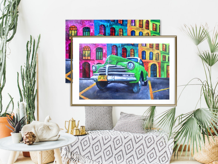 Poster American Classic - green car against a background of colorful architecture 126536 additionalImage 15