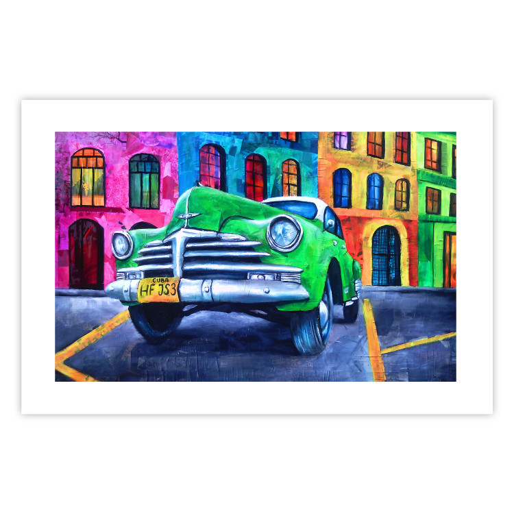 Poster American Classic - green car against a background of colorful architecture 126536 additionalImage 19