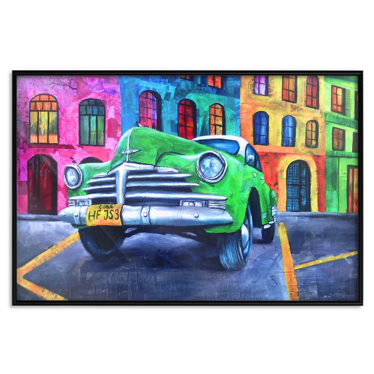Poster American Classic - green car against a background of colorful architecture 126536 additionalImage 16