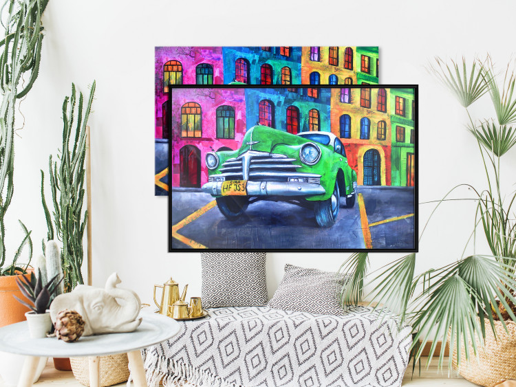 Poster American Classic - green car against a background of colorful architecture 126536 additionalImage 4