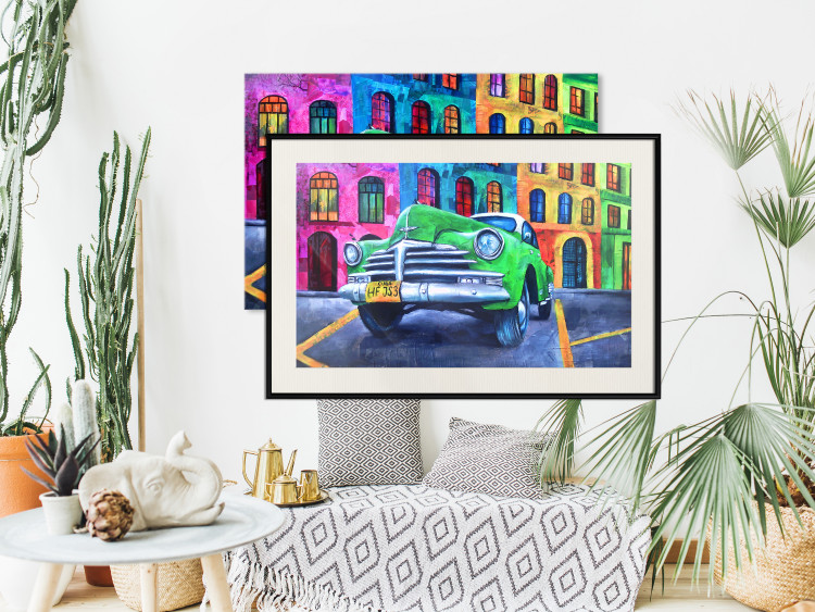Poster American Classic - green car against a background of colorful architecture 126536 additionalImage 24