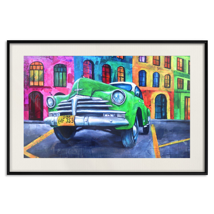 Poster American Classic - green car against a background of colorful architecture 126536 additionalImage 19