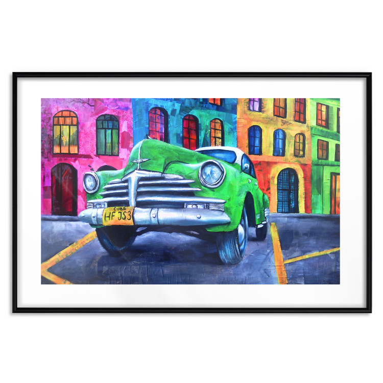 Poster American Classic - green car against a background of colorful architecture 126536 additionalImage 15