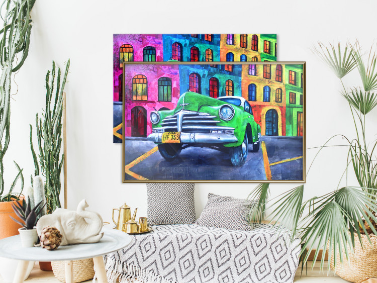 Poster American Classic - green car against a background of colorful architecture 126536 additionalImage 7