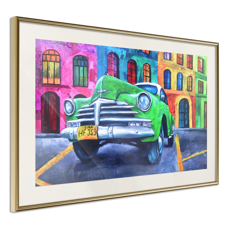 Poster American Classic - green car against a background of colorful architecture 126536 additionalImage 3