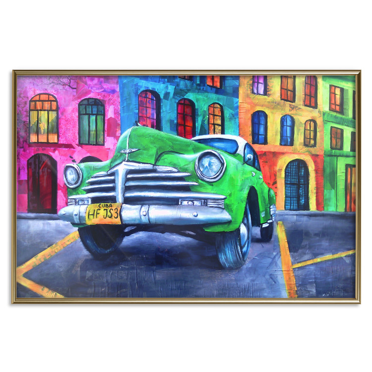 Poster American Classic - green car against a background of colorful architecture 126536 additionalImage 21