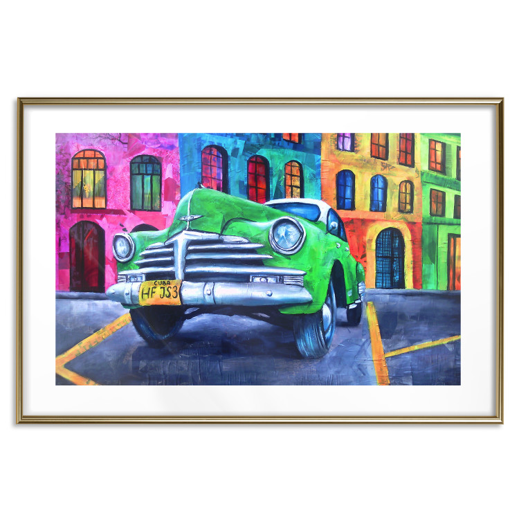 Poster American Classic - green car against a background of colorful architecture 126536 additionalImage 16