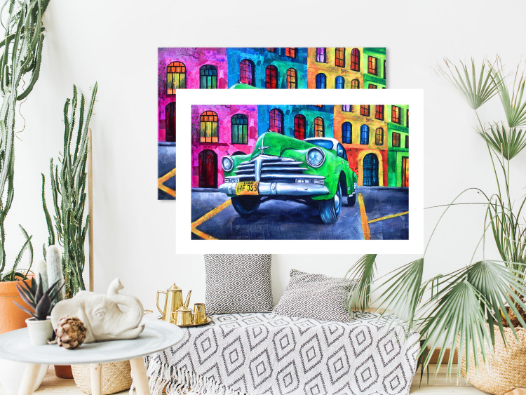 Poster American Classic - green car against a background of colorful architecture 126536 additionalImage 3