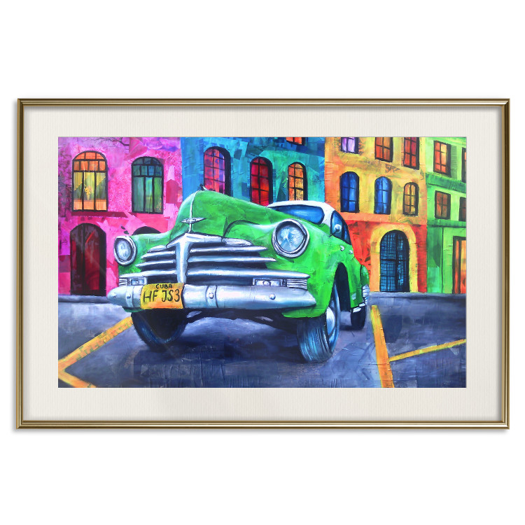 Poster American Classic - green car against a background of colorful architecture 126536 additionalImage 20