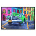 Poster American Classic - green car against a background of colorful architecture 126536 additionalThumb 16