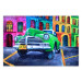 Poster American Classic - green car against a background of colorful architecture 126536
