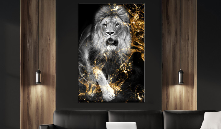 Canvas Print King in Gold (1-part) vertical - fantastical lion on a dark background 129536 additionalImage 3