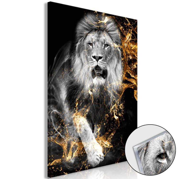 Canvas Print King in Gold (1-part) vertical - fantastical lion on a dark background 129536