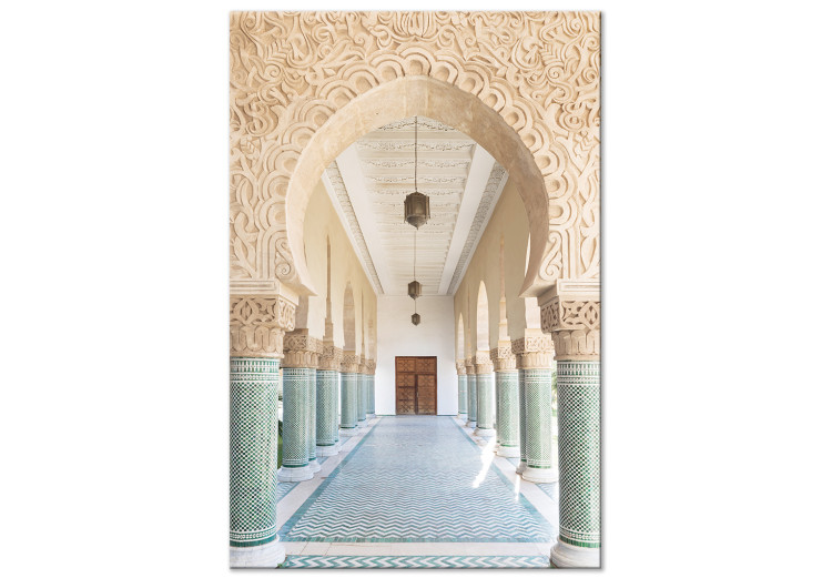 Canvas Art Print Turquoise Colonnade (1-piece) Vertical - architecture in Morocco 134736